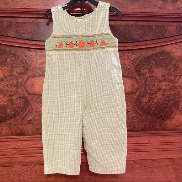 Royal Child 18M Smocked romper light green check/gingham pattern with pumpkins - Picture 13 of 13